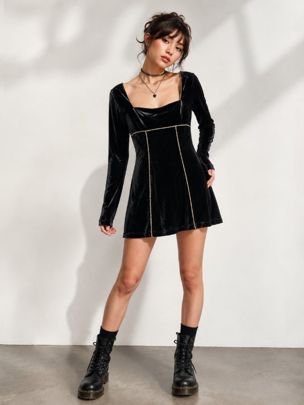 Black Velvet Rhinestone Trim Square Neck Mini Dress Medium Goth Glam